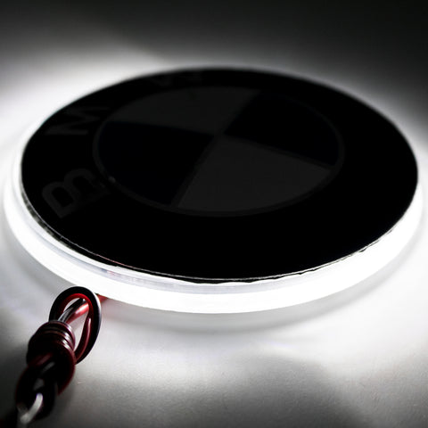 1x Ultra White Color 82mm Truck Hood Emblem - Round LED Illuminated Emblem Background Light Lighting Kit For BMW 3 4 5 6 7 X M Z Series X3 X5 X6