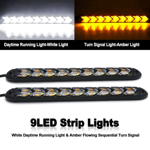 Switchback Flowing Strip Arrow Turn Signal Driving Fog Light Universal fit Most Cars, Trucks and SUVs, 9 SMD White & Amber