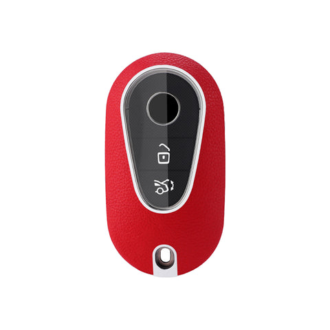 Red TPU w/Leather Texture Full Protect Remote Key Fob w/Keychain For Mercedes S-Class 2020+