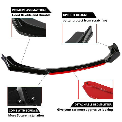 Xotic Tech Front Bumper Lip Chin Spoiler Splitter Diffuser Protector Guard Body Kit Compatible with Honda Accord Civic, Volkswagen MK5 MK6 MK7,Kia Optima,Mitsubishi Lancer, Black w/Red 4pcs
