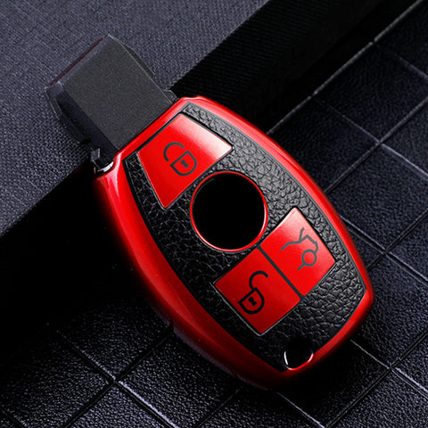 Keyless Remote Entry Key Fob Shell Cover Case TPU Leather Red For Mercedes Benz