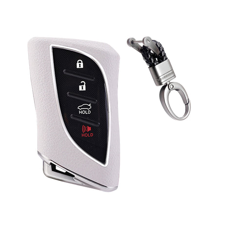 White TPU w/Leather Style Full Protect Remote Key Fob Cover w/Keychain For Lexus ES 350 18+