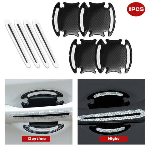 Car Door Handle Reflective Stickers Scratch Protective Cover Guard, Carbon Fiber Pattern w/Safety Warning Strip (White)