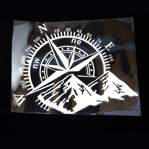 Car Home Decor - Compass Rose with Mountains Vinyl Decal Sticker for Car Trunk Door Window Hood, Shop Window, White