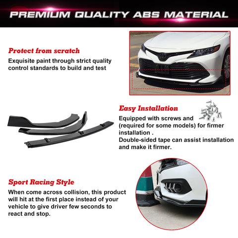 Front Bumper Spoiler Compatible For Toyota Camry 2018-2024 SE XSE Front Bumper Lip Chin Spoiler Splitter Diffuser Protector Guard Gloss Black 3pcs Decoration Trim