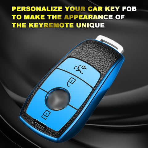 Blue TPU Leather 3 Button Remote Key Fob w/Keychain For Mercedes-Benz E S-Class 2017 2018 up