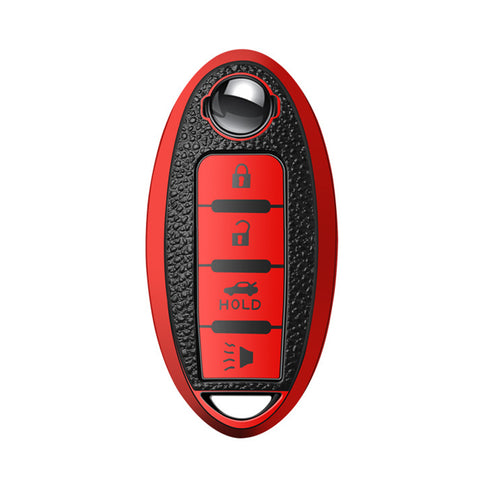 4 Buttons Remote Key Fob Shell TPU & Leather Full Protect Holder w/Keychain Red For Nissan