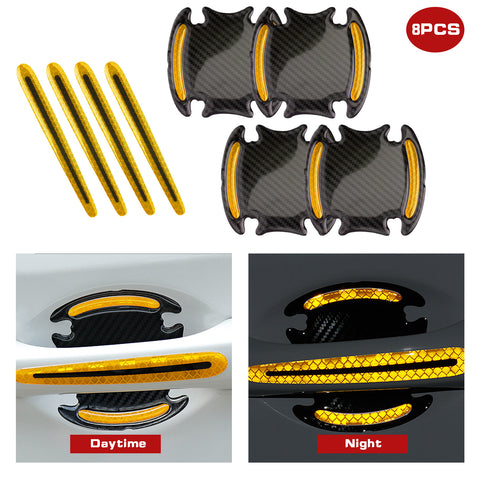 Car Door Handle Reflective Stickers Scratch Protective Cover Guard, Carbon Fiber Pattern w/Safety Warning Strip (Yellow)