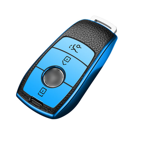 Soft TPU Leather Full Protection Smart Remote Key Fob Cover Case Holder Compatible with Mercedes E S Class 3 Button,Blue