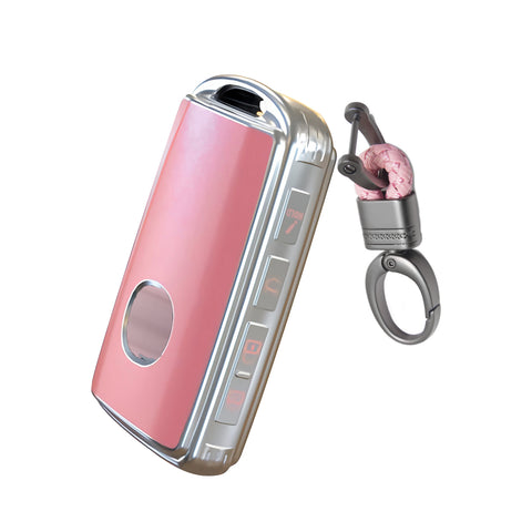 Pink TPU Sand Leather Full Protect Remote Key Fob Cover w/Keychain For Mazda CX-9 2020-23