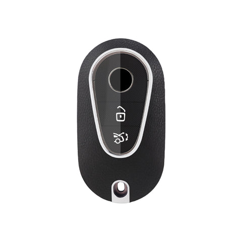 Black TPU w/Leather Texture Full Protect Remote Key Fob w/Keychain For Mercedes S-Class 2020+