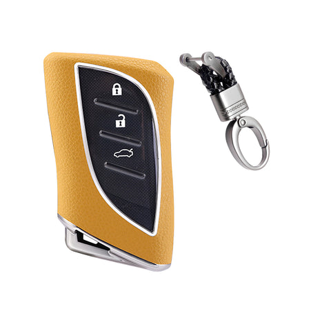 Yellow TPU w/Leather Style Full Protect Remote Key Fob Cover w/Keychain For Lexus ES 350 18+