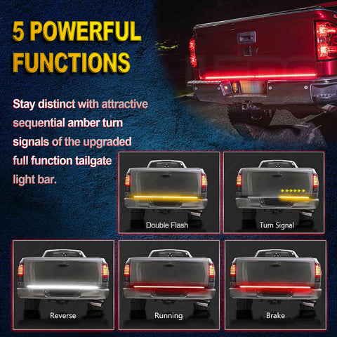 60" 5-Functions Triple Rows LED Tailgate Strip Light Bar - Sequential Turn Signal/Brake Light Strip/Running/Reverse/Double Flash for Trucks Trailer Pickup etc, No Drill Install