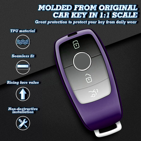 Xotic Tech Purple TPU Key Fob Shell Full Cover Case w/ Keychain, Compatible with Mercedes-Benz A-Class C-Class C300 C63 CLA CLS E-Class E300 / E400 / E63 G-Class GL / GLK GLA Smart Keyless Entry Key