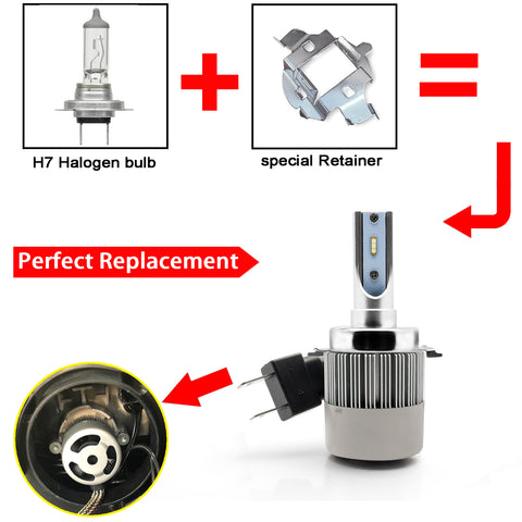 2x H7 LED Headlight Kit with Retainer Adapter Clip Holder, 6000K Xenon White / 8000K Ice Blue 8400LM High Low Beam Headlight Bulb Conversion Kit