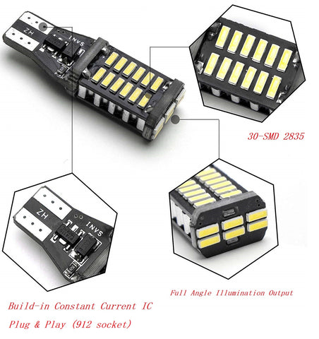 921 912 LED Error Free Reverse Backup Light Bulb, Xenon White Extremely Bright 30-SMD 2835 CANBUS T15 LED Cargo Light Replacement
