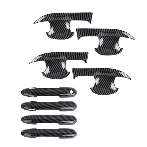 Exterior Door Handle w/ Handle Bowl Cover Trim, Carbon Fiber Pattern, Compatible with Toyota Rav4 2019-2024 (with Smart Keyhole)