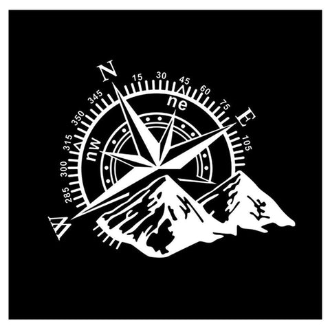 Car Home Decor - Compass Rose with Mountains Vinyl Decal Sticker for Car Trunk Door Window Hood, Shop Window, White