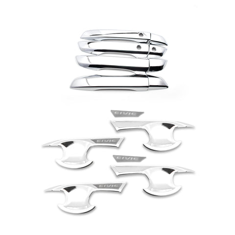 For Honda Civic 2016-2019 2020 Keyless Door Handle + Bowl Cover Trims Kit Chrome