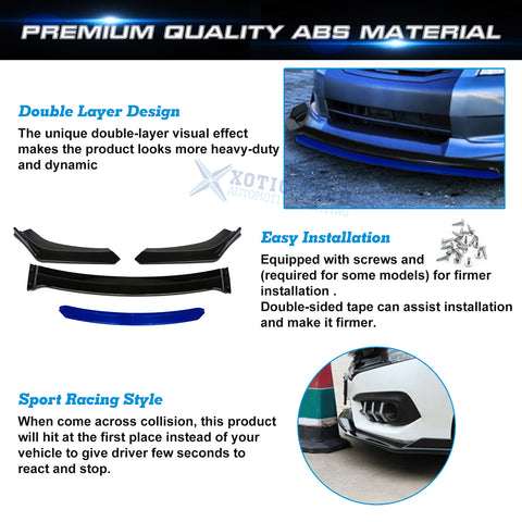 Xotic Tech Front Bumper Lip Chin Spoiler Splitter Diffuser Protector Guard Body Kit Compatible with Honda Accord Civic, Volkswagen MK5 MK6 MK7,Kia Optima,Mitsubishi Lancer, Black w/Blue 4pcs