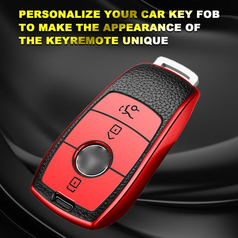 Smart Key Fob Cover Case Holder Soft TPU Leather Full Protection Remote Key Cover Compatible with Mercedes E S Class 3 Button, Red