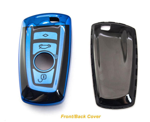 for BMW 1 2 3 4 5 6 7 Series X1 X3 X4 Key Fob Cover TPU Front+ABS Shell Back Case Key Protector, Glossy Blue / Red / Silver