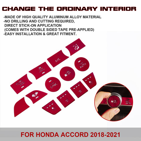 13Pcs Red Aluminum Center Dashboard Switch Cover Trim For Honda Accord 2018-2021