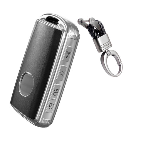 Black TPU Sand Leather Full Protect Remote Key Fob Cover w/Keychain For Mazda CX-9 2020-23