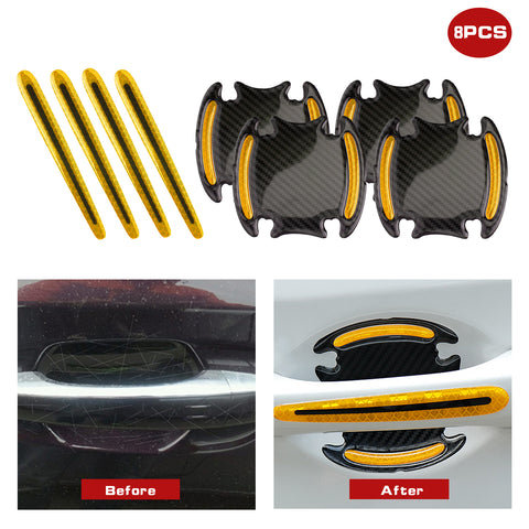 Car Door Handle Reflective Stickers Scratch Protective Cover Guard, Carbon Fiber Pattern w/Safety Warning Strip (Yellow)