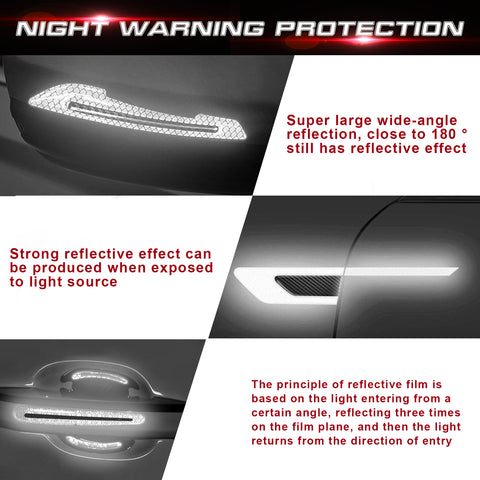 Car Side Door Marker Rearview Mirror Edge & Door Handle Protector Guard Cover Warning Sticker Set, Carbon Fiber Pattern w/ Reflective Safety Strip (White)