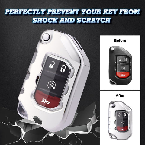 Silver TPU Remote Folding Key Cover Case Protector Skin For Jeep Wrangler 2018-2021