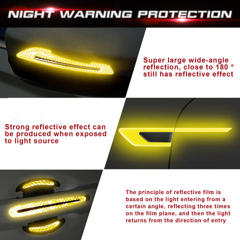 Car Side Door Marker Rearview Mirror Edge & Door Handle Protector Guard Cover Warning Sticker Set, Carbon Fiber Pattern w/ Reflective Safety Strip (Yellow)