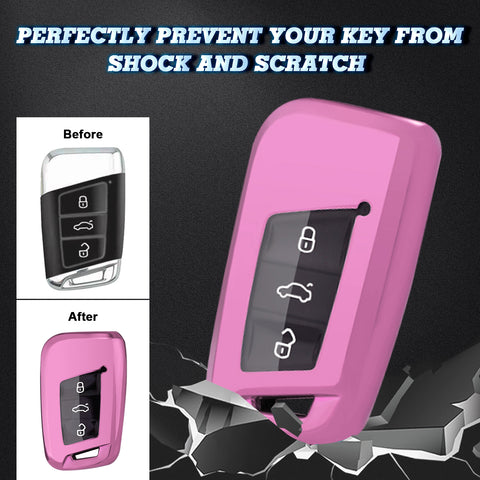 Xotic Tech Pink TPU Key Fob Shell Full Cover Case w/ Keychain, Compatible with Volkswagen Passat Arteon Atlas Jetta Skoda CC Golf 7 Tiguan MK2 Smart Keyless Entry Key