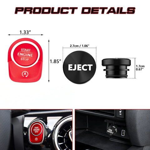 Red Aluminum Engine Start + Black Cigarette Lighter Eject Button Trim For Mercedes Benz W177 A-Class, C118 CLA-Class, X247 GLB-Class, H247 GLA-Class
