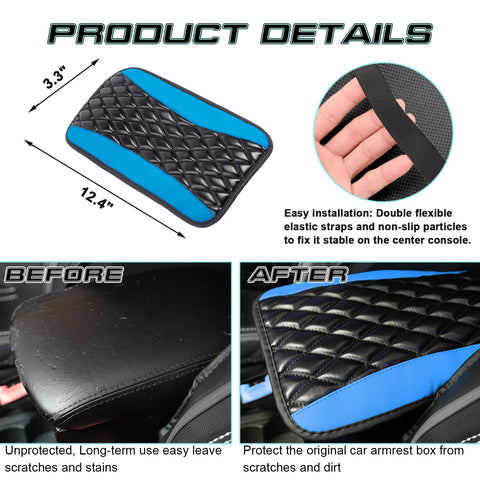 Xotic Tech Center Console Armrest Seat Box Cover Pad, Leather Cushion w/Flexible Elastic Band, Universal Accessories for Most Cars, SUV, Truck (Black & Blue 12.60"x7.48")