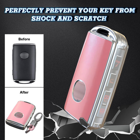Pink TPU Sand Leather Full Protect Remote Key Fob Cover w/Keychain For Mazda CX-9 2020-23