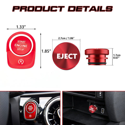 Red Aluminum Engine Start + Cigarette Lighter Eject Button Trim For Mercedes Benz W177 A-Class, C118 CLA-Class, X247 GLB-Class, H247 GLA-Class