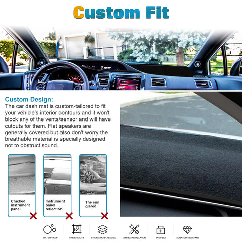 Center Console Dashboard Mat Pre-cut Non-Slip Sunshield Sun Glare Protector Dash Carpet Pad Black Cover Compatible with Honda Civic 2012-2015