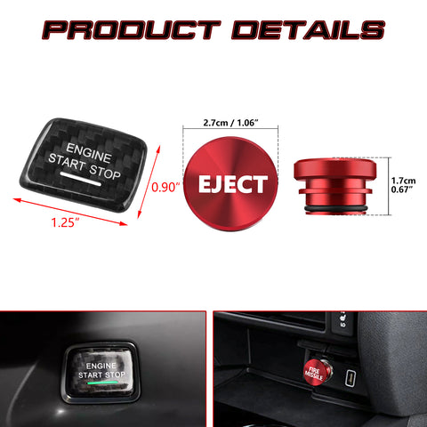 Real Carbon Fiber Engine Start + Red Cigarette Eject Button Trim For Chevy C7