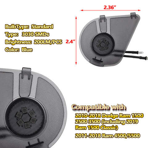 2x Ice Blue LED Under Side Mirror Puddle Light Smoked Lens Lamp For Dodge RAM 1500 2500 3500 2010-2019