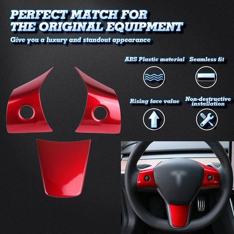 Red Steering Wheel Molding Cover Trim For Tesla Model 3 2017-2023 & Model Y 2020-up