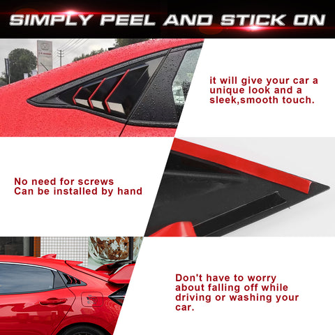 2X Side Air Vent Window Louver Glossy Black w/Red ABS Cover For Honda Civic 2022