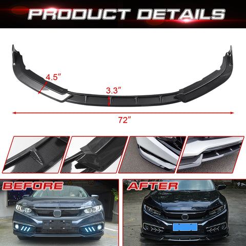 Front Bumper Lip Chin Spoiler Diffuser Splitter Guard Body Kit, Carbon Fiber Pattern, Compatible with Honda Civic Sedan 2019-2021