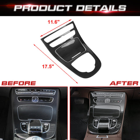 Center Console Gear Shift Panel Frame Cover Trim, Carbon Fiber Pattern, Compatible with Mercedes Benz E Class W213 2016-2018 (With Clock)