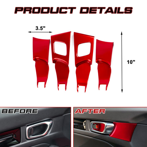 4Pcs Sport Racing Style Red Door Handle Bowl Cover Trim For Honda Civic 11th Gen