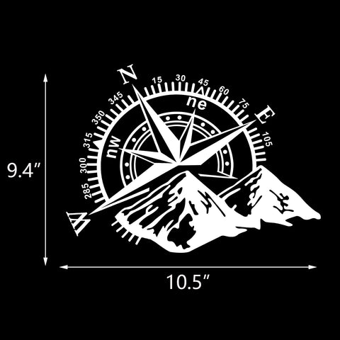 Car Home Decor - Compass Rose with Mountains Vinyl Decal Sticker for Car Trunk Door Window Hood, Shop Window, White