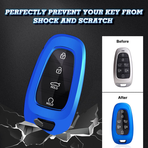 Blue TPU Full Covered w/Button Key Fob Holder Case For Hyundai Sonata 2020-2024