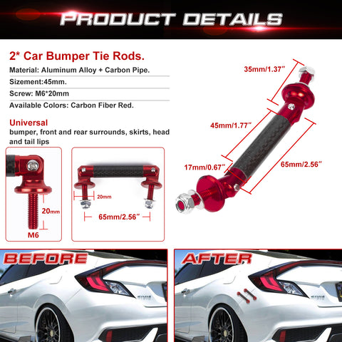 2pcs 45mm Car Adjustable Front Rear Bumper Lip Splitter Trunk Corner Edge Fender Hatch Lid Body Panel Fixed Lock Bar Support Strut Tie Rod Fastener Lever Universal Kit, Carbon Fiber Red