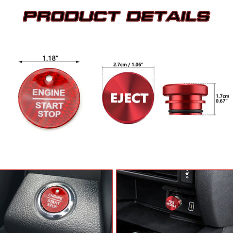 Carbon Fiber Engine Start + Red Cigarette Eject Button Trim For Ford Raptor F150