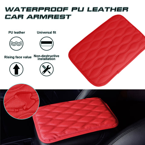 Red Leather Wavy Shape Central Console Armrest Cover Seat Box Protect Decor 1pc